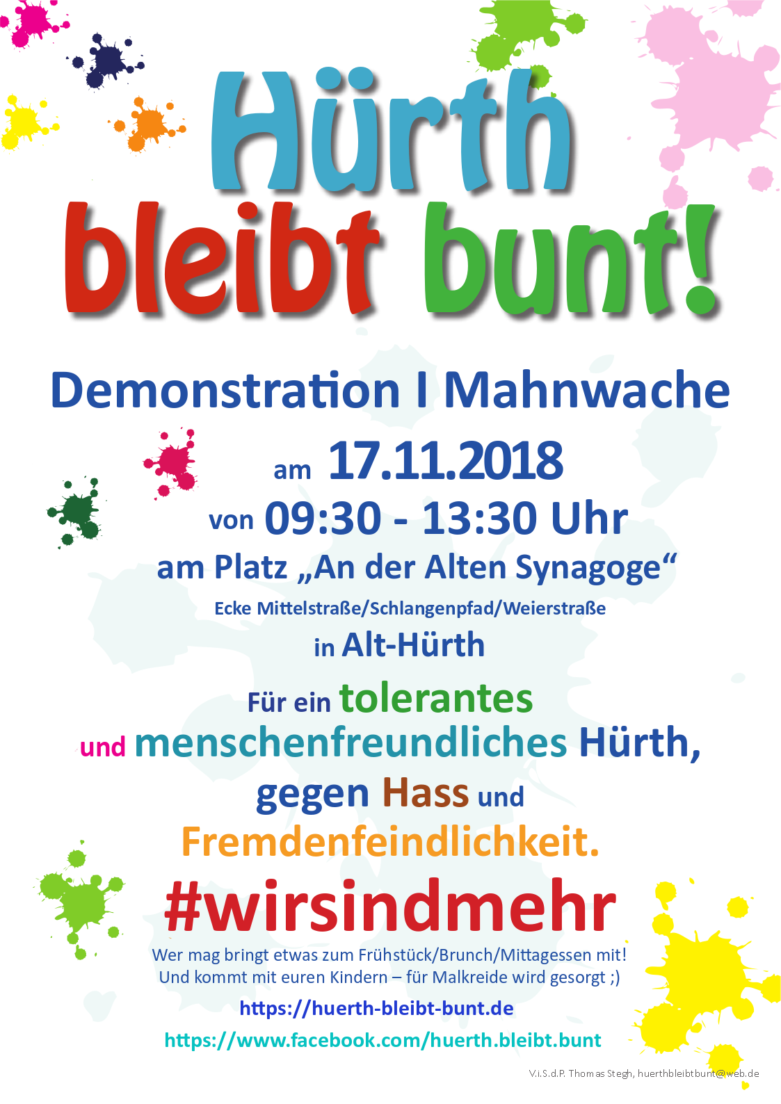 Flyer für 'Hürth bleibt bunt!' Demo am 17.11.2018 in Alt-Hürth